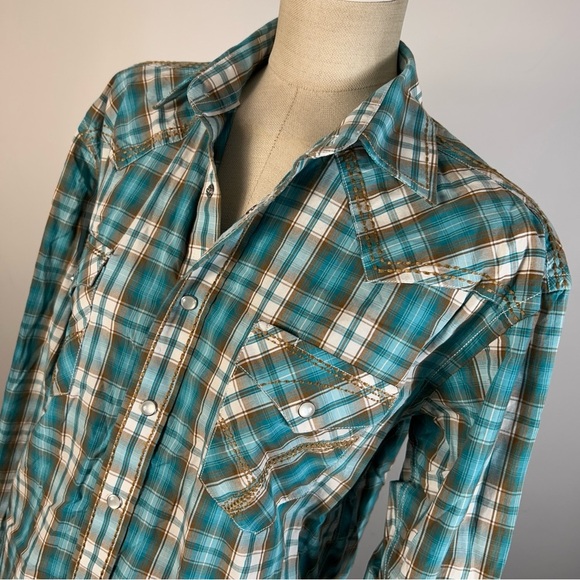 Panhandle Teal Plaid Casual Snap Button Down Shirt S - Picture 4 of 10